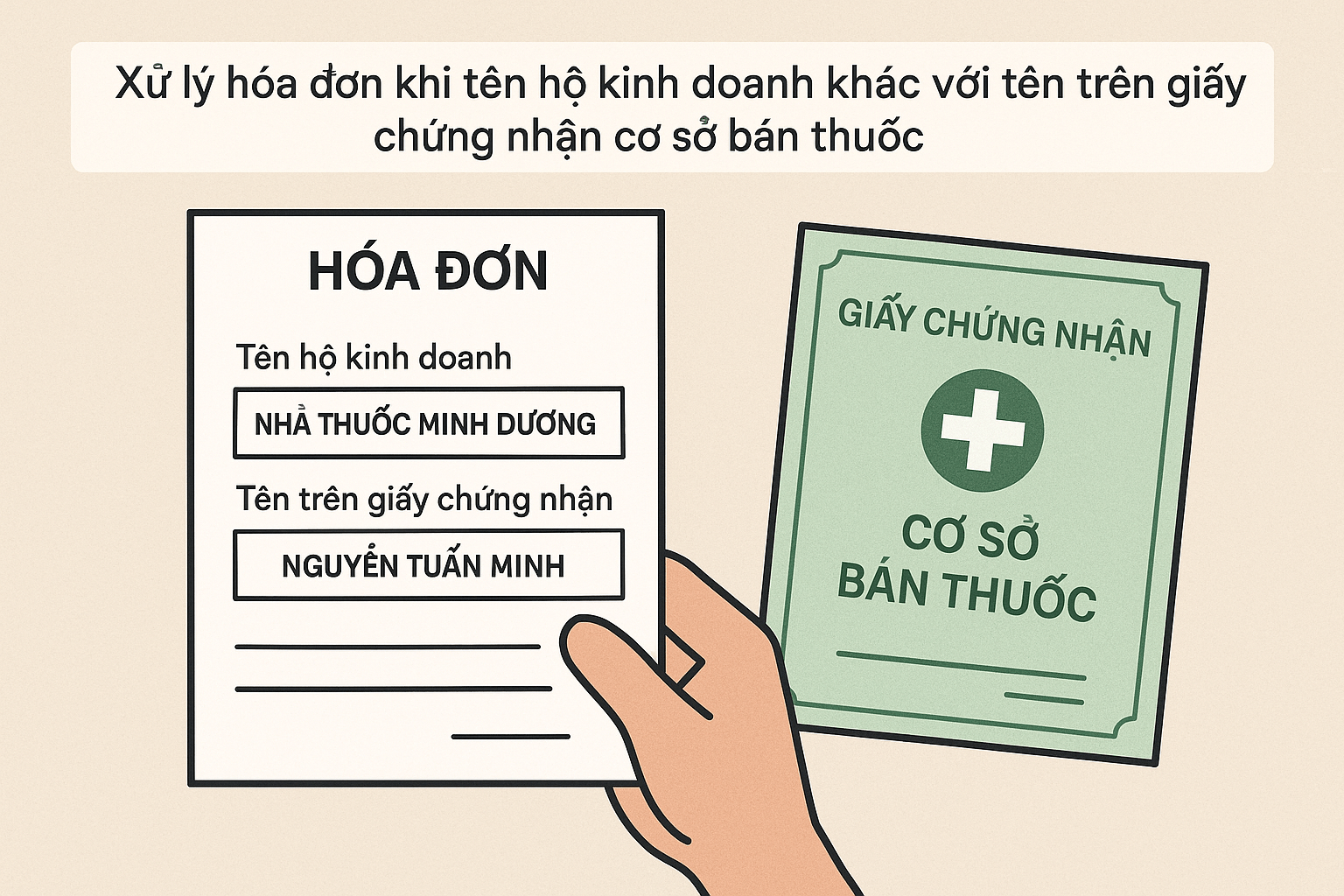Xử lý hóa đơn khi tên hộ kinh doanh khác với tên trên giấy chứng nhận cơ sở bán thuốc