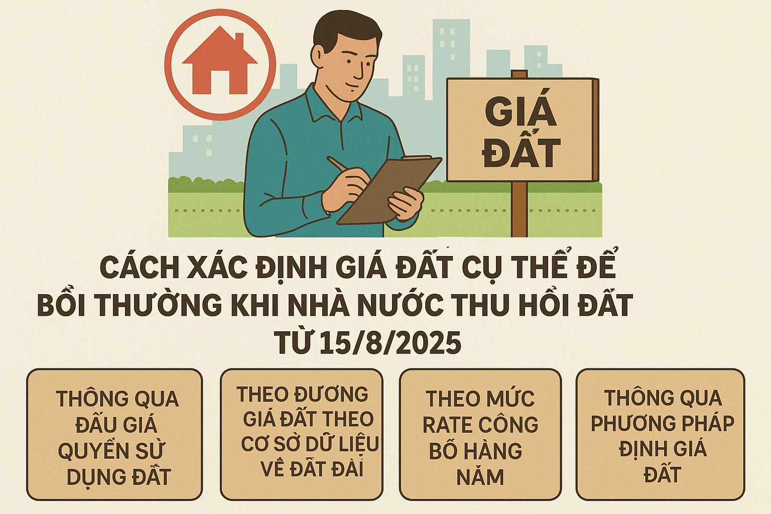 Cách xác định giá đất cụ thể để bồi thường khi Nhà nước thu hồi đất từ 15/8/2025